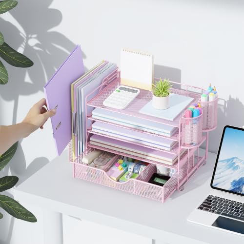 Image of gianotter 5-Tier Desk Organizer with Drawers and File Holders | Letter Trays and Pen Holders - Workspace Accessories for Office Supplies (Pink)