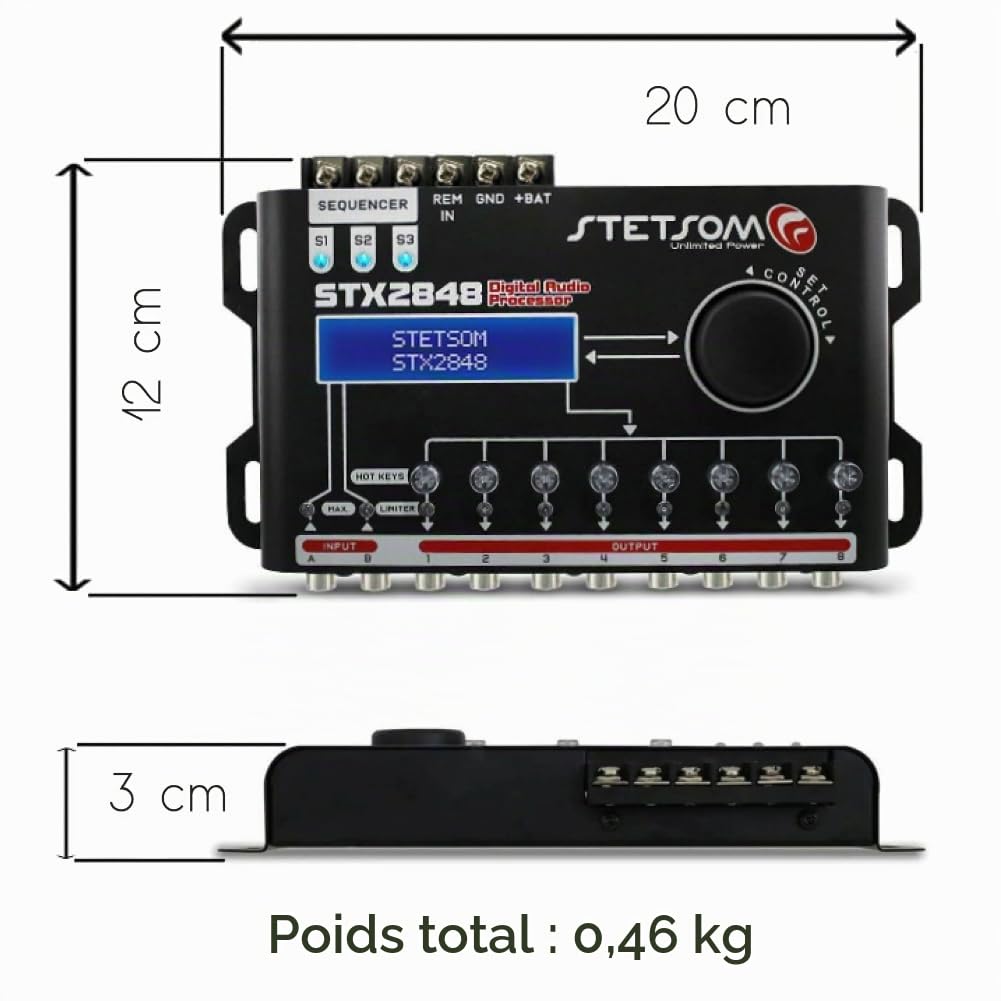 1 Stetson STX2848 Digital Audio Processor 8 canaux, écran LCD, 2 entrées Audio, 8 Sorties indépendantes, pour Voiture, 1 pièce