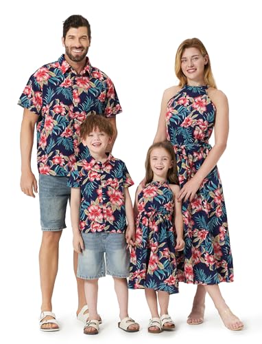 Image of PATPAT Family Hawaiian Matching Outfits - Mommy and Me Vacation Outfits | Halter Sundresses and Button Down Shirts,Caribbean Vacation Summer Tropical Outfits,Hawaiian Boho Tropical Floral Printed