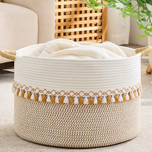 Image of KAKAMAY Cotton Rope Storage Basket (20 inchx13 inch),Woven Hamper for Blankets,Toys,Pillows,Clothes,Laundry,Sturdy Handles Decorative Basket for Living Room, Bedroom,Nursery(Brown /Grey)
