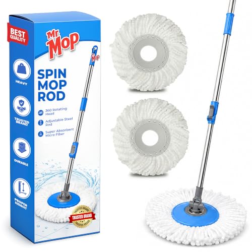 Image of Mr.Mop 360 Spin Universal Blue Stick Rod with 2 Microfibre White Refills - Magical Extendable Handle Pocha Rod for Floor Cleaning