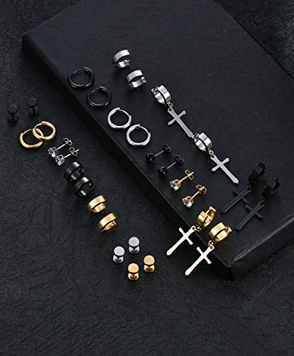 15 Pairs Stainless Steel Dangle Hinged Earrings Hoop Huggie Earrings CZ Stud Earrings Set for Men Women Ear Piercing Jewelry Silver Black Gold Tone3