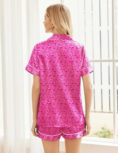 Image of Ekouaer Womens Silk Satin Pajama Sets Soft Short Sleeve Button Down Sleepwear Top and Shorts 2 Piece Pjs Lounge Set