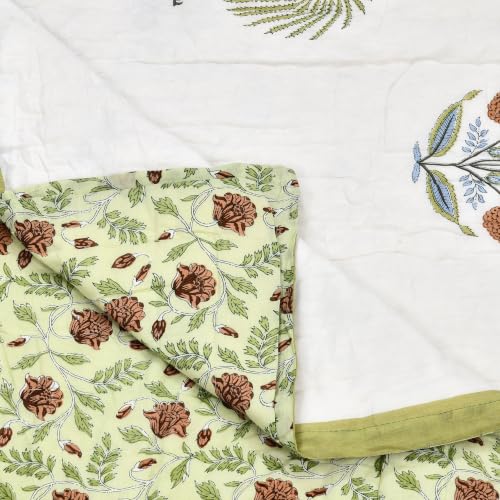 Image of BLOCKS OF INDIA Cotton Single Size Quilt Hand Block Print for Light Winters (60x90 Inches) (Open Green Motifs)
