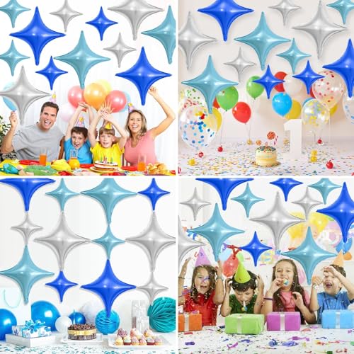 Image of Blue Silver Star Balloons,12Pcs Four Angle Star Foil Balloons | 26Inch and 10Inch Blue Silver Quadrangle Star Helium Balloon for Birthday Baby Shower Wedding Party Decorations