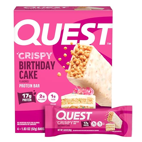 Quest Nutrition Crispy Birthday Cake Protein Bar, 17g Protein, 1g Sugar, 2g Net Carbs, Gluten Free Protein Snack, Keto Friendly, 4 Count