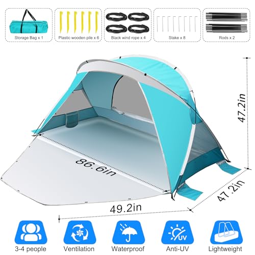 Beach Tent, Portable Beach Shade Tent for 3-4 Person, UPF 50+ UV Waterproof Lightweight & Easy Setup Sun Shade Canopy with Carrying Bag for Outdoor Camping Fishing - Image 5