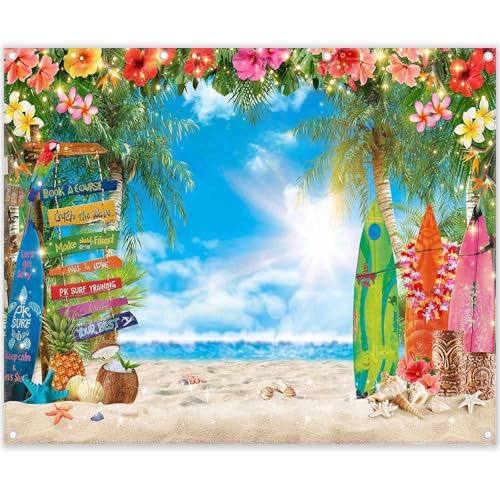 YCUCUEI 10x8ft Summer Hawaiian Beach Photography Backdrop Tropical Flower Palm Leaves Surfboard Background for Luau Aloha Party Decoration Banner Photo Booth