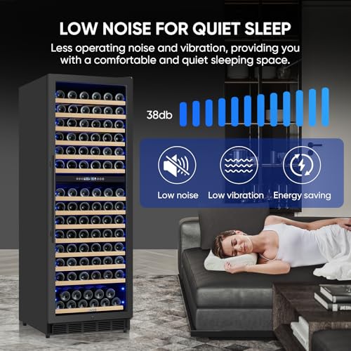 Image of Dual Zone Wine Cooler Refrigerator, 24 Inch Wine Fridge Freestanding or Built-in, 154 Bottle Large Capacity Wine Cooler with Advanced Compressor, Air-circulation System and Low Noise - Black