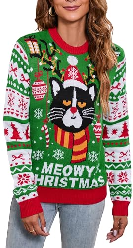 LUBOT Ugly Christmas Sweaters for Women Cute Cat Fuzzy Funny Wintertime and Holiday Parties Knitted Pullover Sweater Green S