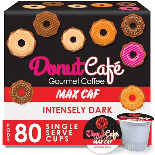 Image of Donut Cafe Max Caf - Bold & Powerful High Caffeine Intensely Dark Roast Coffee Pods - For Keurig K Cup Brewers - Certified Non-GMO, Gluten-Free, Kosher - 1.5X Caffeine - 80 Count