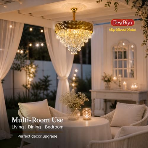 Image of Desidiya LED 400MM Golden Netmesh Modern Chandelier Lights for Ceiling Living Room K9 Crystals Antique Jhumar Light for Hall Decoration, Luxury Ceiling Fixture Light for Living Room, Dining Room