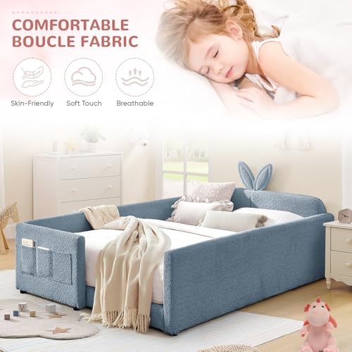 Image of Full Size Kids Bed with Rabbit Ear Headboard, Upholstered Boucle Fabric Full Daybed with Slats Support & Side Pockets, Space-Saving Wooden Corner Sofa Couch Bed Frame for Girls, Boys, Teenager(Blue)