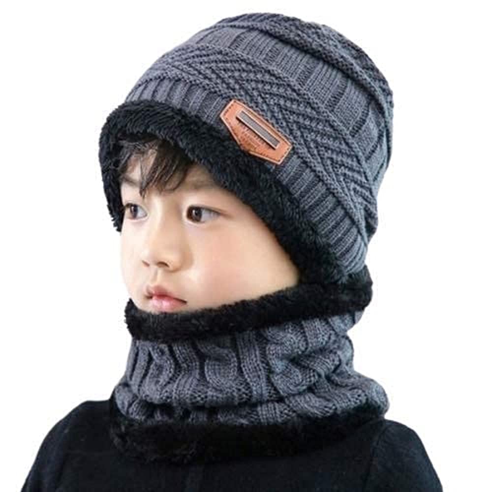 W+ Winter Warm Hat Boy's & Girl's Outdoor Sports Headging Hat Scarf Set Boys Girls Warm Fleece Cap Scarf Set Ski Equipment (Grey)