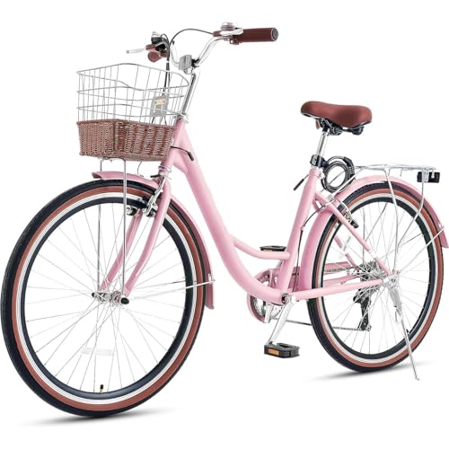 LINCYS Bicicleta de Confort Mujer 26 Pulgadas, 7 Velocidades con Cesta de Rattán & Portaequipajes, Cuadro Bajo Acero Carbono para Mujeres 160-187cm, Ciudad y Playa