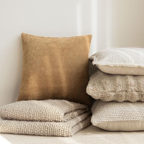 Image of Foindtower Set of 2 Soft Textured Chenille Throw Decorative Pillow Covers Square Accent Solid Cushion Cover Neutral Farmhouse Pillow Case for Couch Sofa Bedroom Living Room 18x18 Inch,Golden Brown