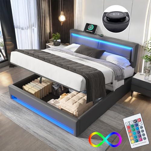 Letto Matrimoniale con Contenitore 140x190 cm con LED e USB(Supportato Senza Fili), Letto una piazza...