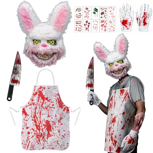 Bukbas Disfraz de Conejo de Terror, Disfraz de Halloween para Hombre, Máscara de Conejo, Cuchillo de Cocina Sangriento, Delantal, Adhesivo para Halloween Carnaval Tema Terror Cosplay Fiesta (A)