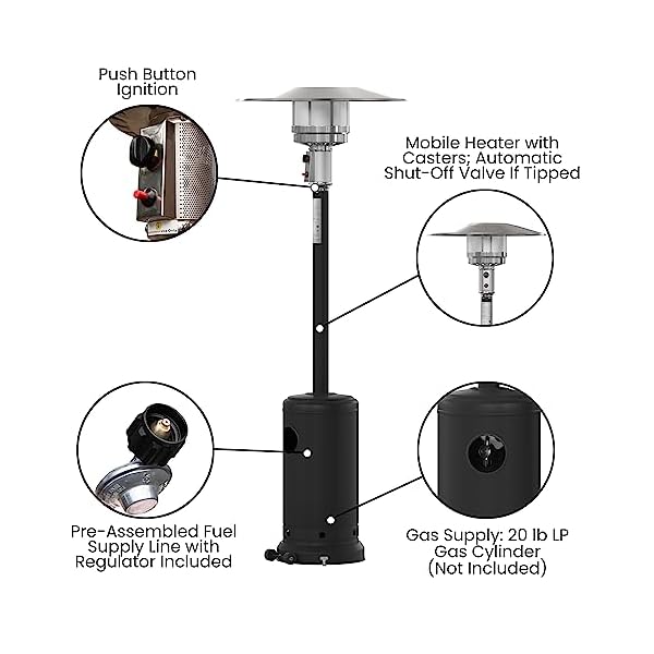 Flash furniture sol patio outdoor heating black stainless steel 40000 btu propane heater with wheels for commercial residential use 75 feet tall  urban country home decor