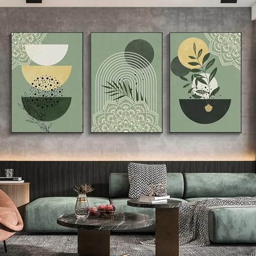 Art mural vert sauge abstrait : lot de 3 affiches sur toile géométrique 50x70cm