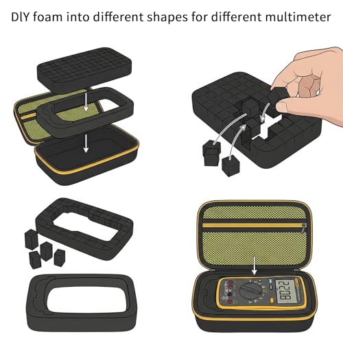 Image of Case Compatible for Fluke 17B+ /15B+ / 17B / 15B / /177 /179 / 113 /114 / 115 /116 / 117 /87V / 88V / 101 Digital Multimeter, Protective Travel Storage Bag with Detachable DIY Foam (Box Only) (Black+Yellow Pocket)