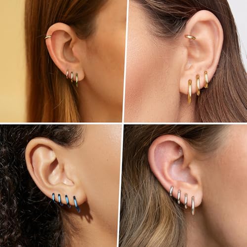 Image of Small Gold Huggie Hoop Earrings Set for Women Men Hypoallergenic 14K Plated Stack Cartilage Earrings, Sterling Silver Multiple Piercing Lightweight Mini Thin Cute Dainty Trendy Jewelry Gifts for Women
