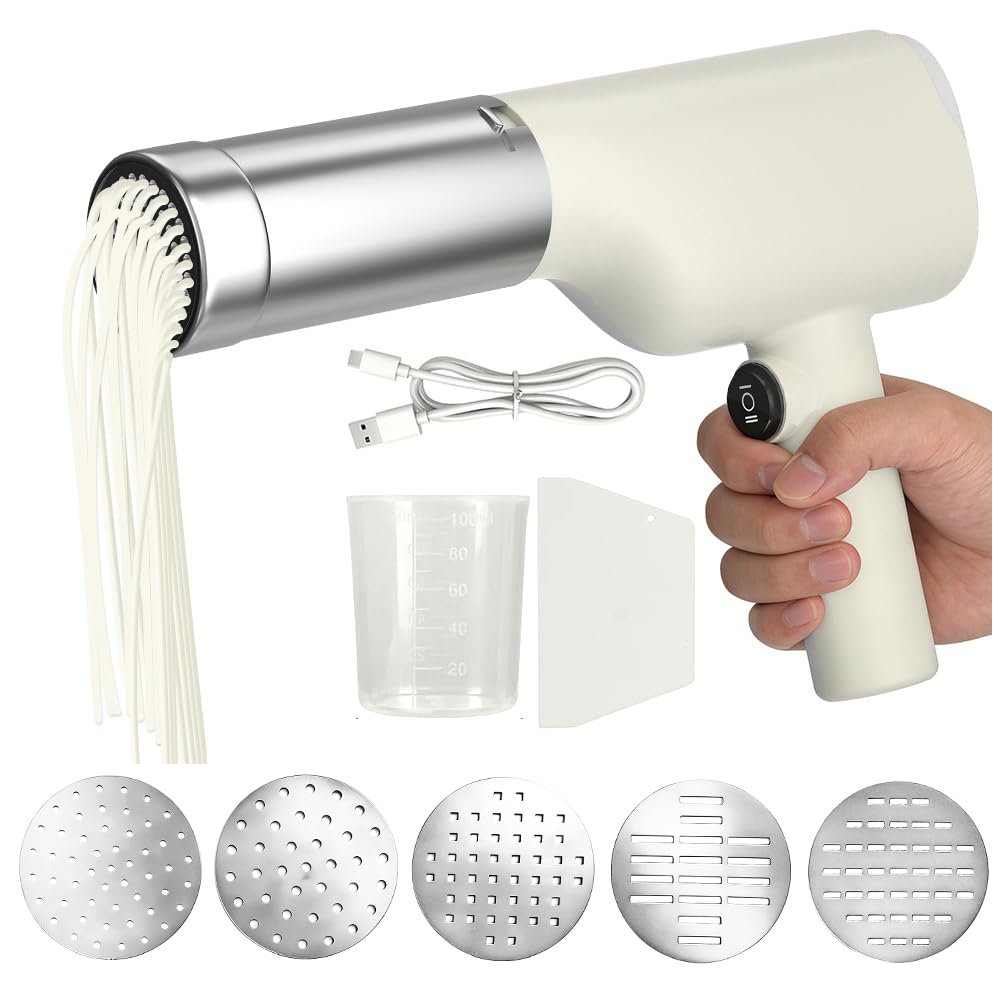 Elektrische Nudelmaschine, Wiederaufladbare Pasta Maker mit 5 Pressformen, Automatische Handheld Noodle Maker