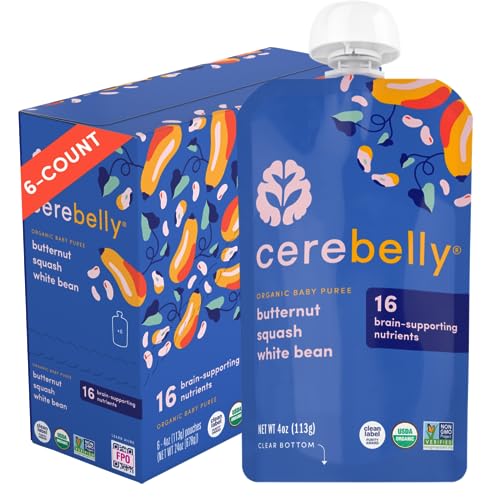 Cerebelly Baby Food Pouches – Organic Butternut Squash White Bean (4 oz, Pack of 6) Toddler Snacks - 16 Brain-supporting Nutrients from Superfoods - Gluten-Free, BPA-Free, Non-GMO, No Added Sugar