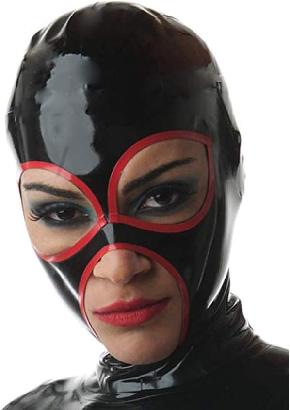 Latex Hood Mask Party Mask Full Cover with Big Eyes and Mouth Red Trim with Zipper Latex Mask