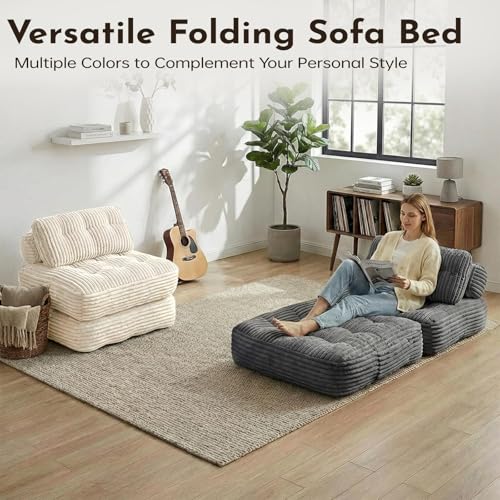 Folding Sofa Bed, Foldable Mattress with Back Support, Single Sofa Cum Bed, Convertible Recliner Sleeper Chair with Pillow, Comfy Floor Couch Lounge for Living Room Bedroom, Futon Couch (Beige)