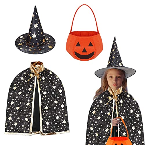 RUHM Kinder Halloween Kostüm,Wizard Cape,Hexe Zauberer Umhang,Zauberer Mantel Kinder,Zauberer Kostüm,Halloween Hexen Kostüm,Hexen Mantel,Zauberer Hut,Kürbis Candy Bag (Schwarz)