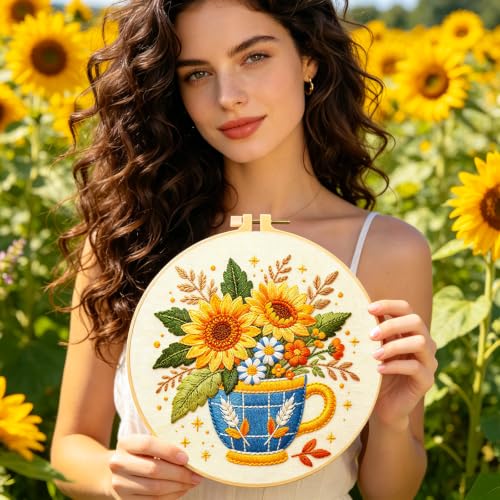 Image of BEUNITONE 4 Set Embroidery Kits for Beginners, Flower Arrangement Design with Pre-Stamped Pattern Craft Kits Include Instruction and Hoops, 7.9x7.9 Needlepoint Kits for Festival Gifts and Home Decor