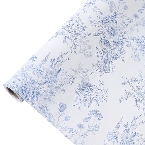 Blue Floral Wrapping Paper Roll, Mini Roll-17 Inches * 32.8 Feet, Flowers Design Wrap Paper for Girls Women Grandma, for Birthdays, Valentine's Day, Weddings, Anniversaries, Mother's Day, 1 Roll