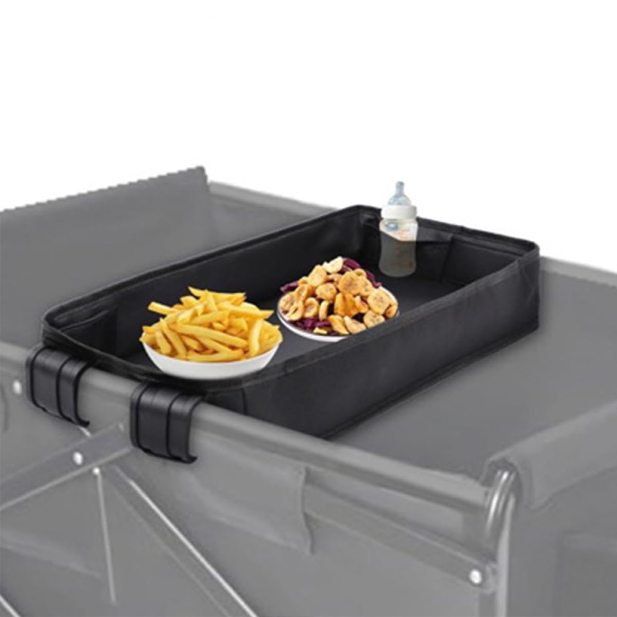 Kinderwagen Tablett Organizer Universell mit Becherhalter Schwarz | Canvas, Tragbar und Stabil, für Reiseeinsatz, Passender Einsatz für Babywagen und Buggy