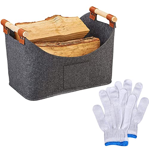 Holzkorb für Kaminholz Kaminholzkorb mit Aufbewahrungstasche 55*32*40cm Faltbar Feuerholzkorb mit verstärktem Holzgriff Holzkorb Filztasche für Einkauf, Holz, Zeitung oder Brennholz mit Handschuhen Cover