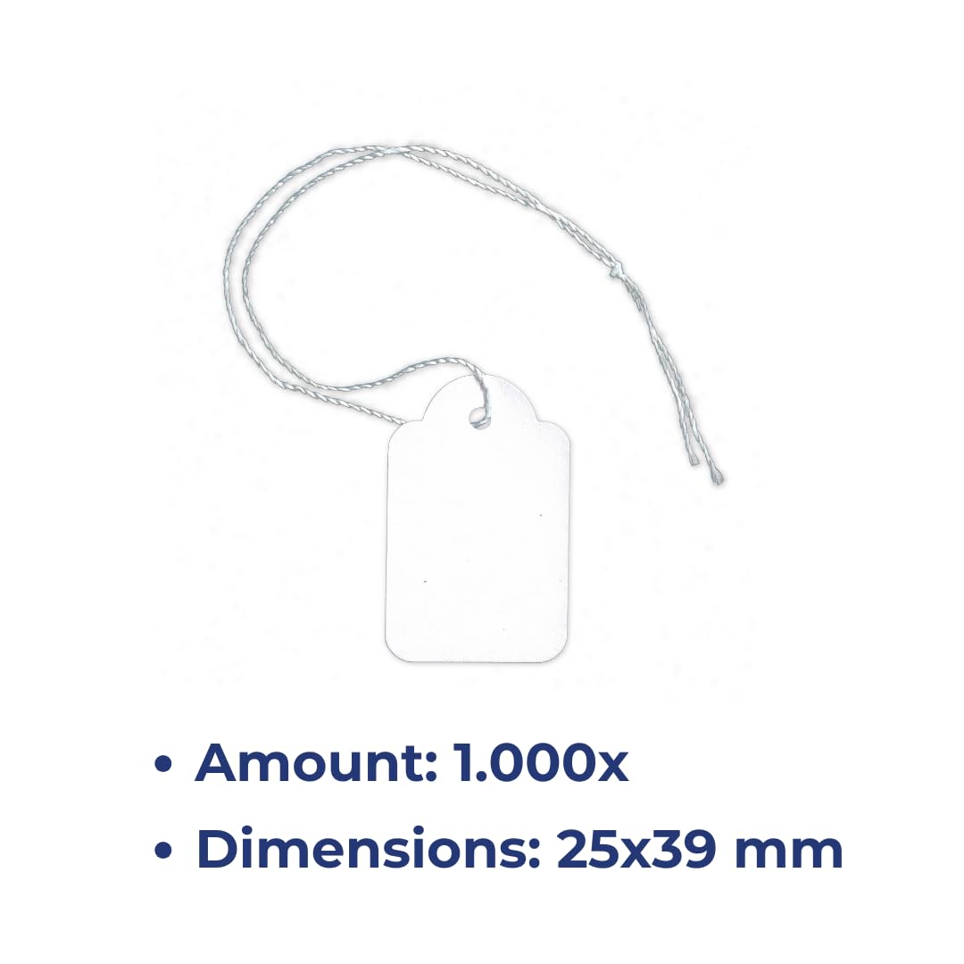 Pokornys - 1000 Segnaprezzi con filo (25x39mm) per abbigliamento, gioielli, accessori etc. - Etichette in cartoncino con filo di cotone - Adatte come cartellino da appendere, regalo o decorativo