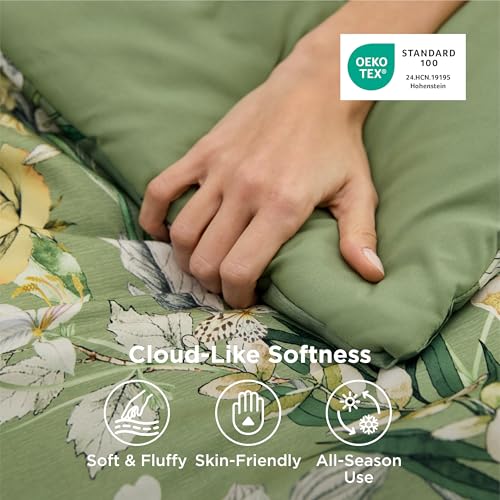 Image of Bedsure Comforter Set Full Size - Cute Floral Bedding Comforter Set, 3 Pieces, 1 Soft Reversible Olive Green Woodland Floral Flowers Comforter and 2 Pillow Shams