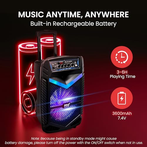 Pyle Głośnik PA Bluetooth, urządzenie do karaoke z mikrofonem do karaoke, 600 W, pudełko na imprezę, możliwość ładowania, subwoofer, 1" tweeter, funkcja nagrywania, oświetlenie imprezowe, radio USB/SD