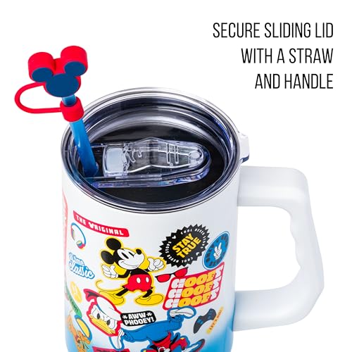 Image of Silver Buffalo Disney Mickey Mouse Stainless Steel Tumbler with Straw Cover, Lid, Straw, and Handle Featuring Donald Duck, Daisy Duck, Minnie Mouse, Mickey Mouse, Goofy, and Pluto, 40 Ounces