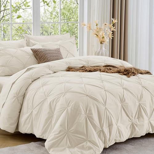 Image of Sasttie Oversized Queen Comforter Set, 7-Piece Bed in a Bag, Pintuck Bedding Sets for All Season, Includes Comforter, Flat Sheet, Fitted Sheet, Pillowcases and Pillowshams, Beige