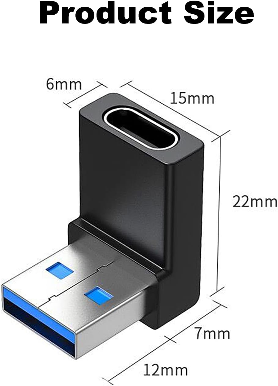 AreMe 2 Pack 90 Degree Right Angle USB A to USB C Adapter | Up and Down Angle USB 3.0 Male to Type C Female Connector for PC, Laptop, Tablet and Phones