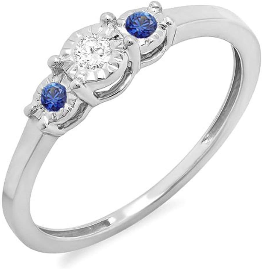 Dazzlingrock Collection Round Blue Sapphire and White Diamond Ladies 3 Stone Engagement Promise Ring, Sterling Silver