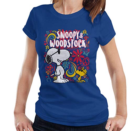 Peanuts 70s Floral Snoopy and Woodstock Women's T-Shirt Royal Blue