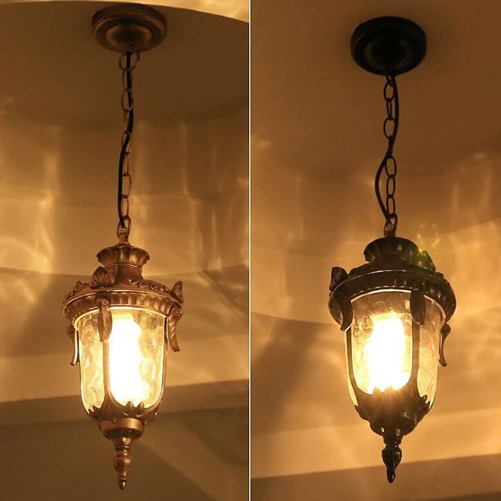 Vintage Outdoor Pendant Light - Waterproof Hanging Lantern with Gold Finish & Textured Glass Shade - Stylish Chandeliers for Porch, Patio, Entryway & Garden Decor