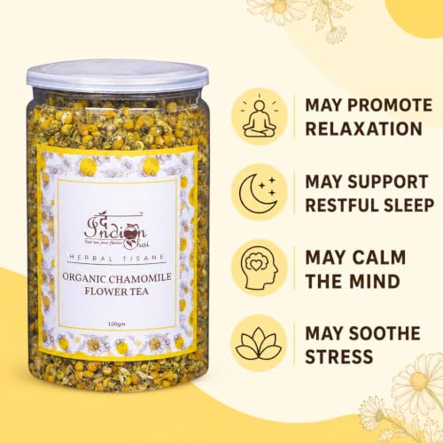 Image of The Indian Chai - Organic Chamomile Tea 100g | Helps with Immunity, Sleep, Stress & Anxiety | Caffeine Free Herbal Tea | Loose Camomile Flowers