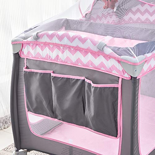 MeJa Portable Baby Travel Cot with Wheels, Foldable Baby Crib, Infant Bed for Nursery (Double-Deck+Accessories, Pink) - Image 4