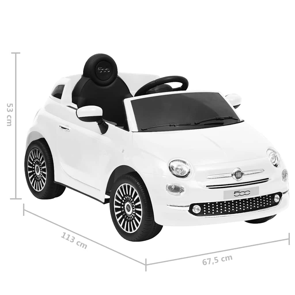 Kinder-Elektroauto FIAT 500 Weiß Kunststoff mit LED-Frontlicht 113x67,5x53 cm für 3-6 Jahre 30 W Motor 2-3 km/h Geschwindigkeit mit Musik und Sicherheitsgurt für Garten und Wohnung