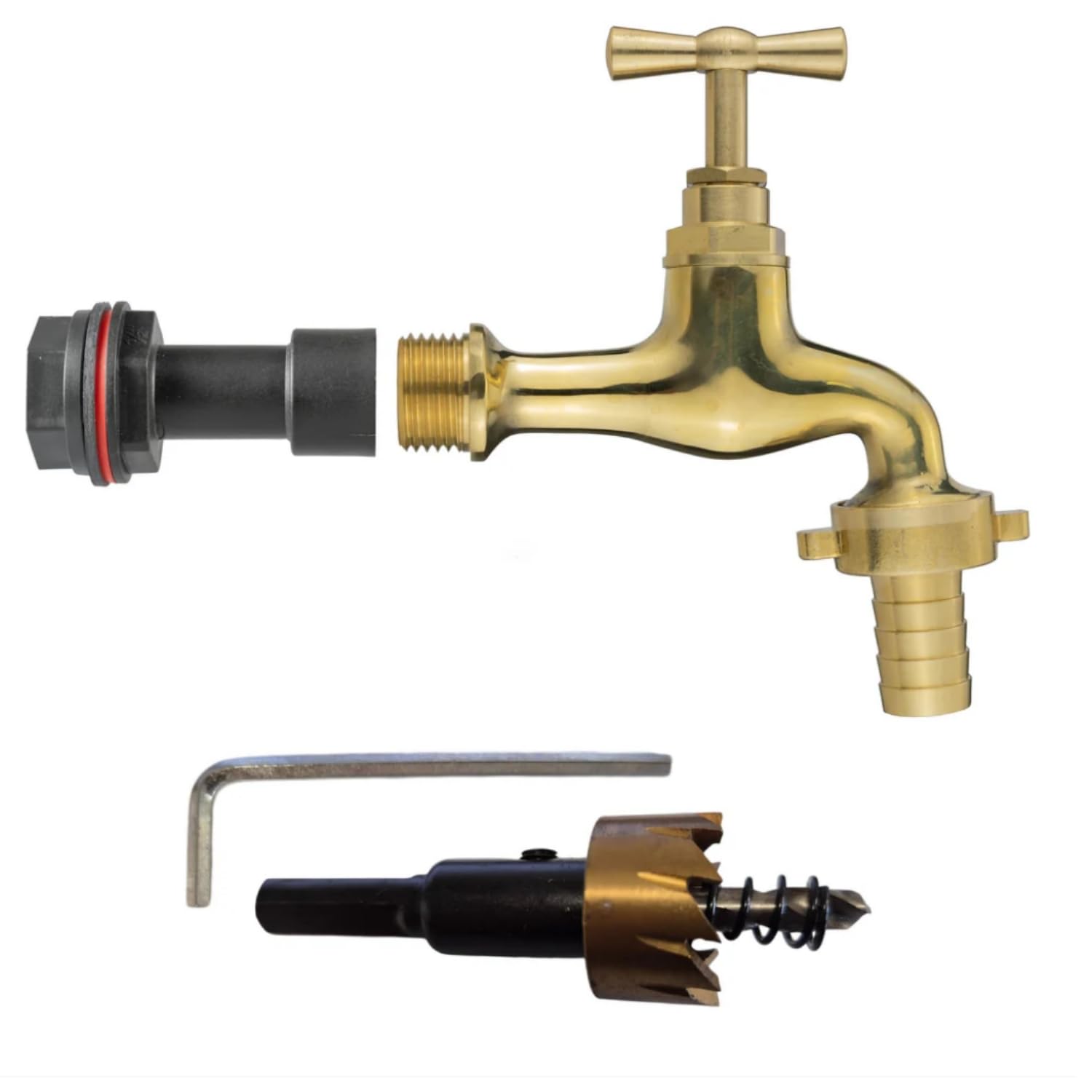 Water Butt Replacement Tap 1/2" Set with Drill bit 21mm Lever Tap Bib Outlet Barb Quick Connector Faucet (Brass Bib + 15mm Barb)