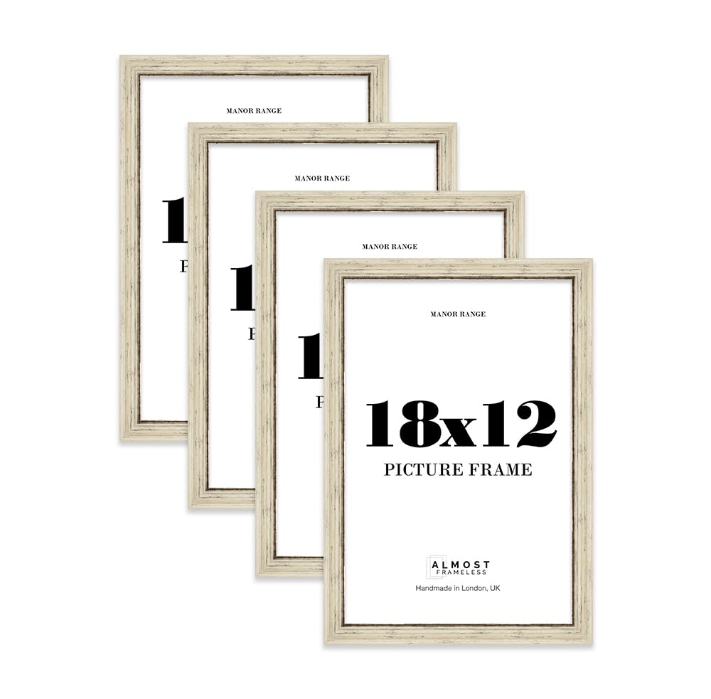 18x12 Picture Frame, Display 18x12 Pictures (30.5 x 45.7cm) - Distressed Cream Vintage 42mm Edge Classic Interior Design Décor - 4 Pack