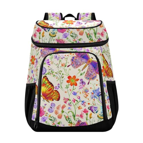 Butterfly Flower Yellow Cooler Backpack Leakproof Insulated Lunch Cooler Bag 30 Cans Camping Backpacks for Beach Hiking Camping